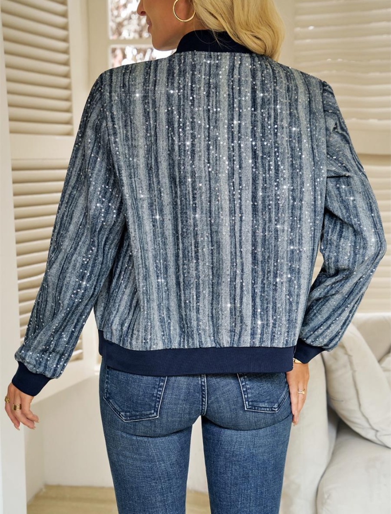 Sequins zip jacket long sleeve European style coat for women