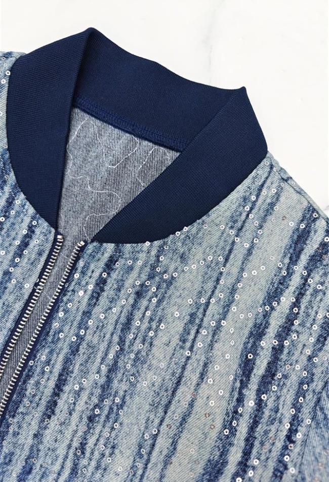 Sequins zip jacket long sleeve European style coat for women
