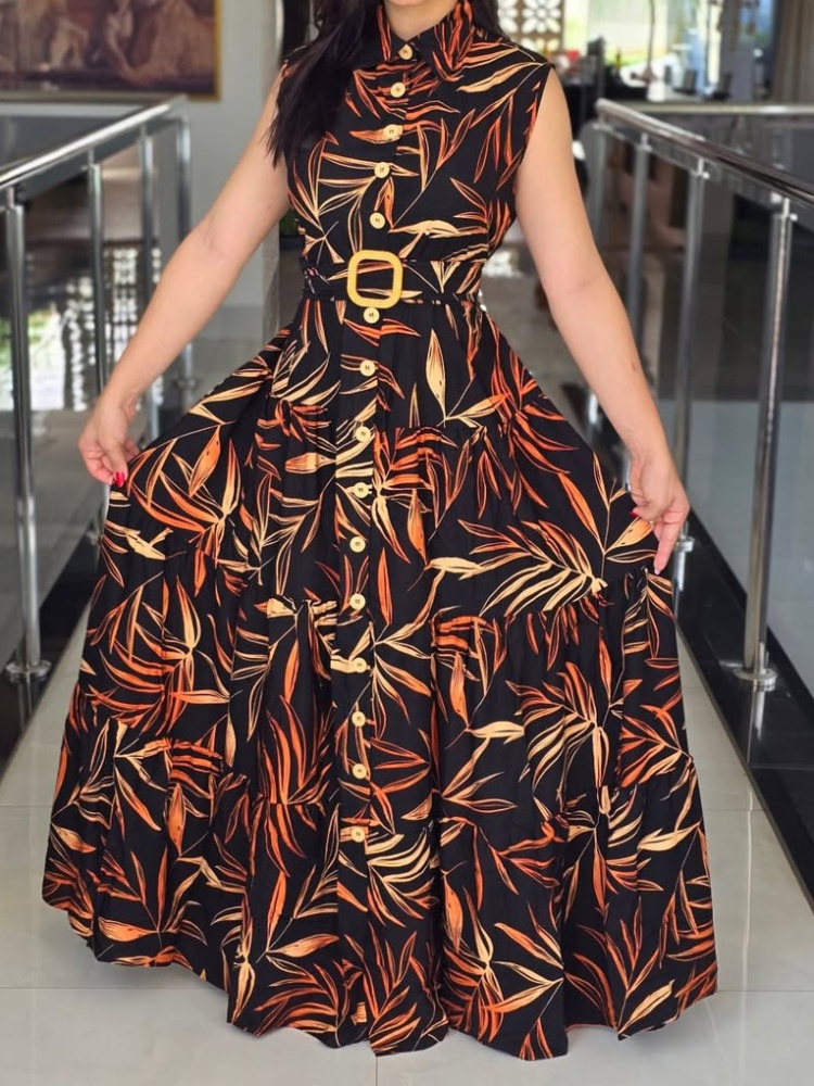 Lapel vacation dress A-line printing belt for women