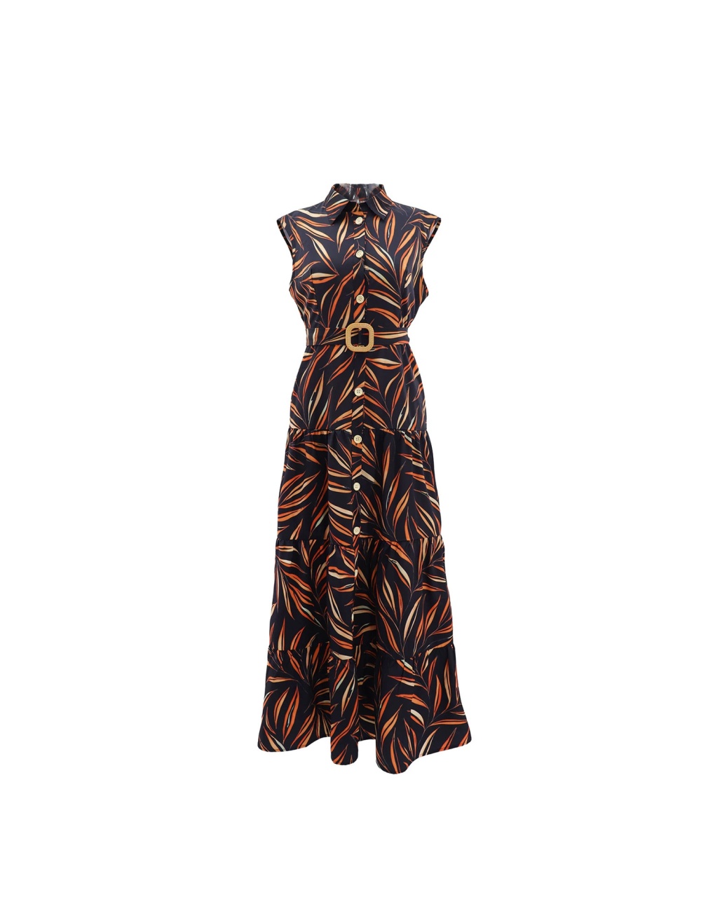 Lapel vacation dress A-line printing belt for women