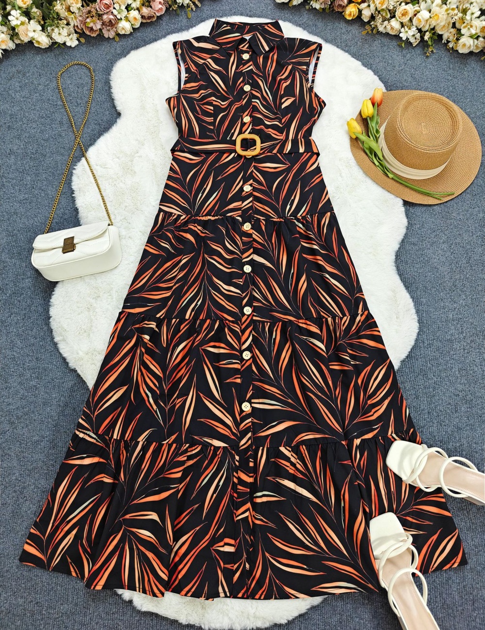 Lapel vacation dress A-line printing belt for women