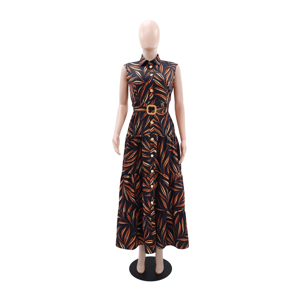 Lapel vacation dress A-line printing belt for women