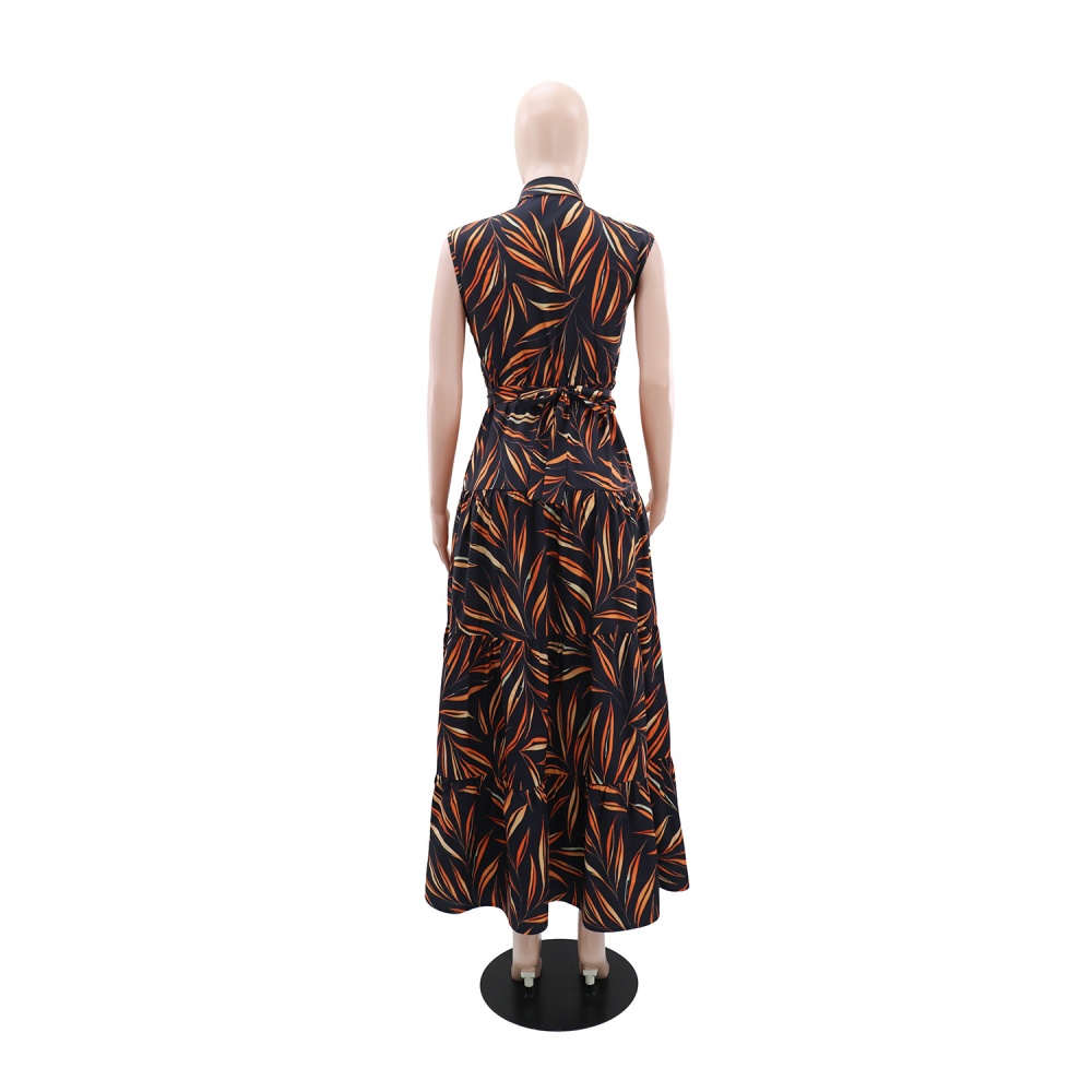 Lapel vacation dress A-line printing belt for women