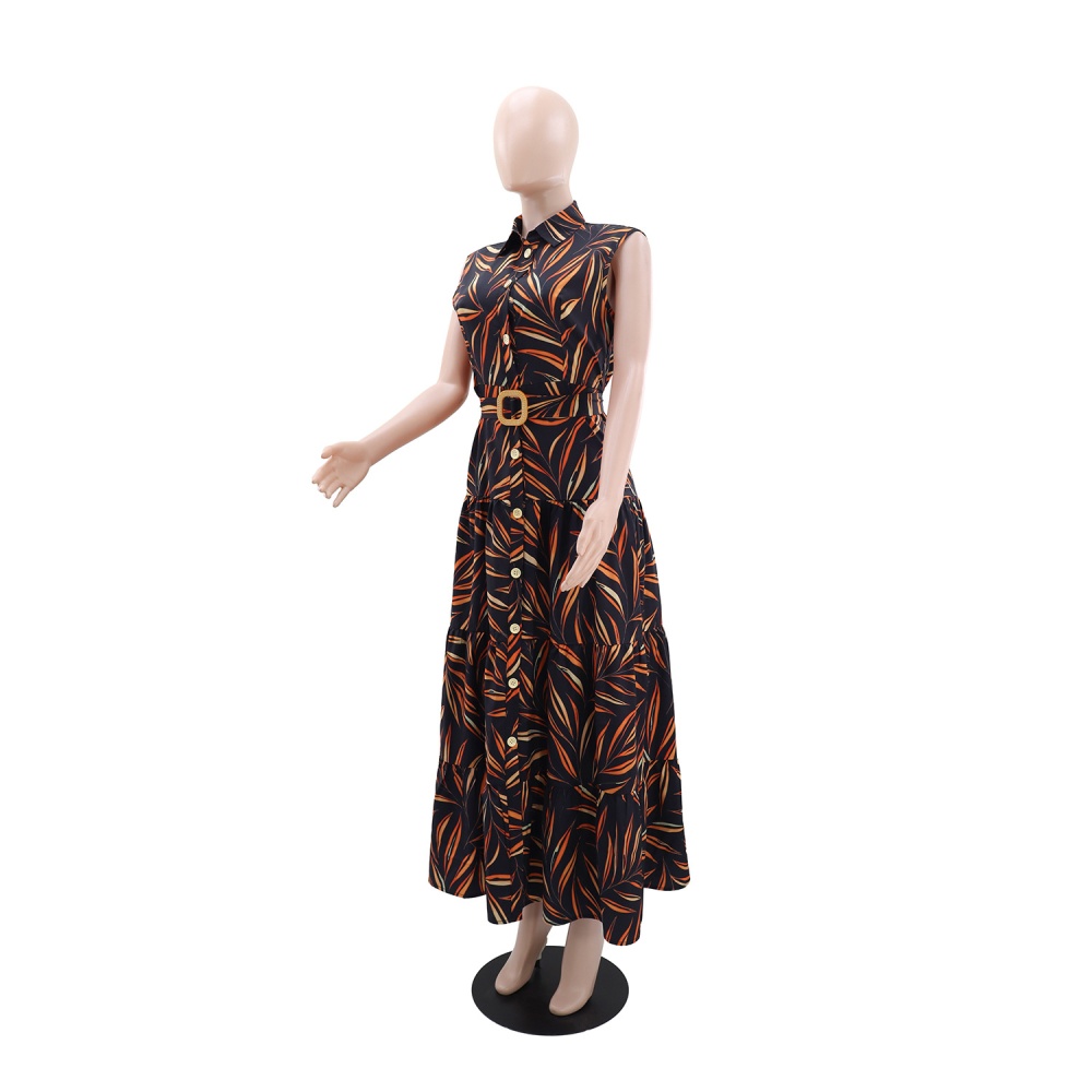 Lapel vacation dress A-line printing belt for women