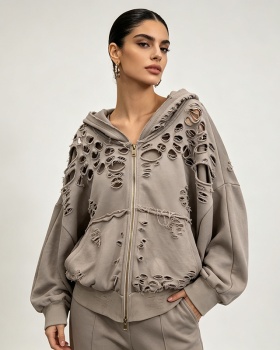 Hooded holes autumn European style coat for women
