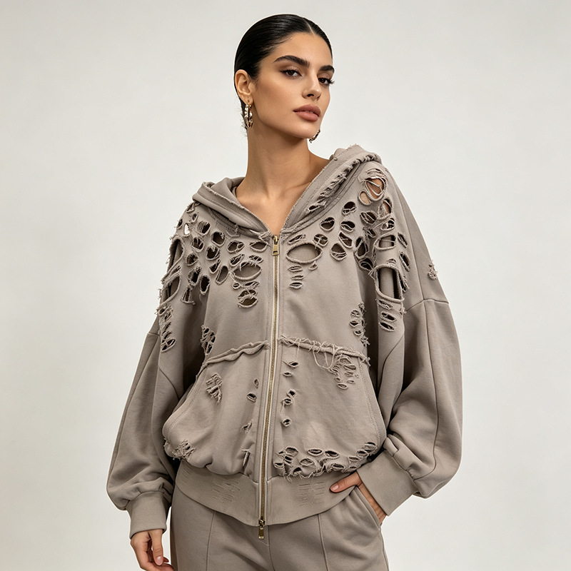 Hooded holes autumn European style coat for women
