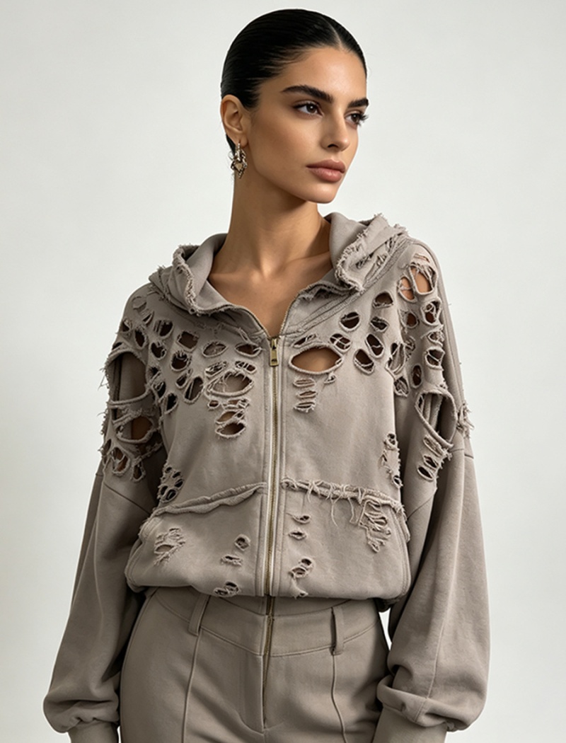 Hooded holes autumn European style coat for women