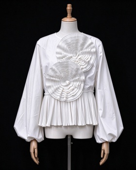 Flowers fold shirt splice lantern sleeve tops