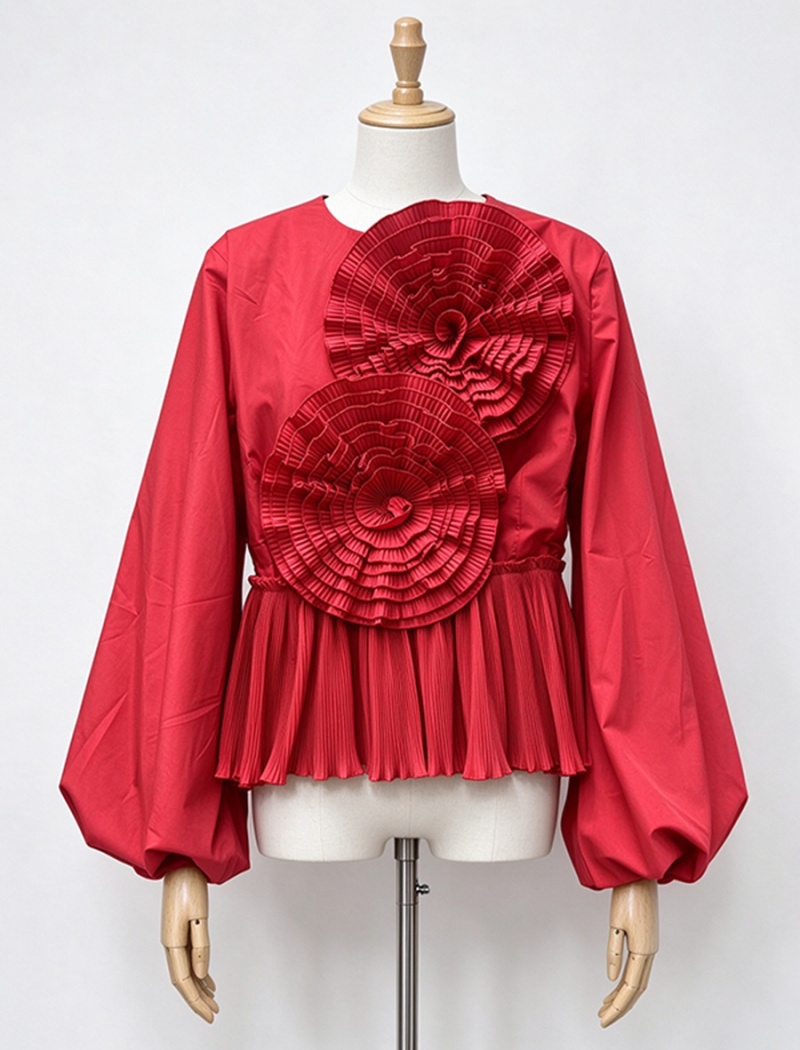 Flowers fold shirt splice lantern sleeve tops