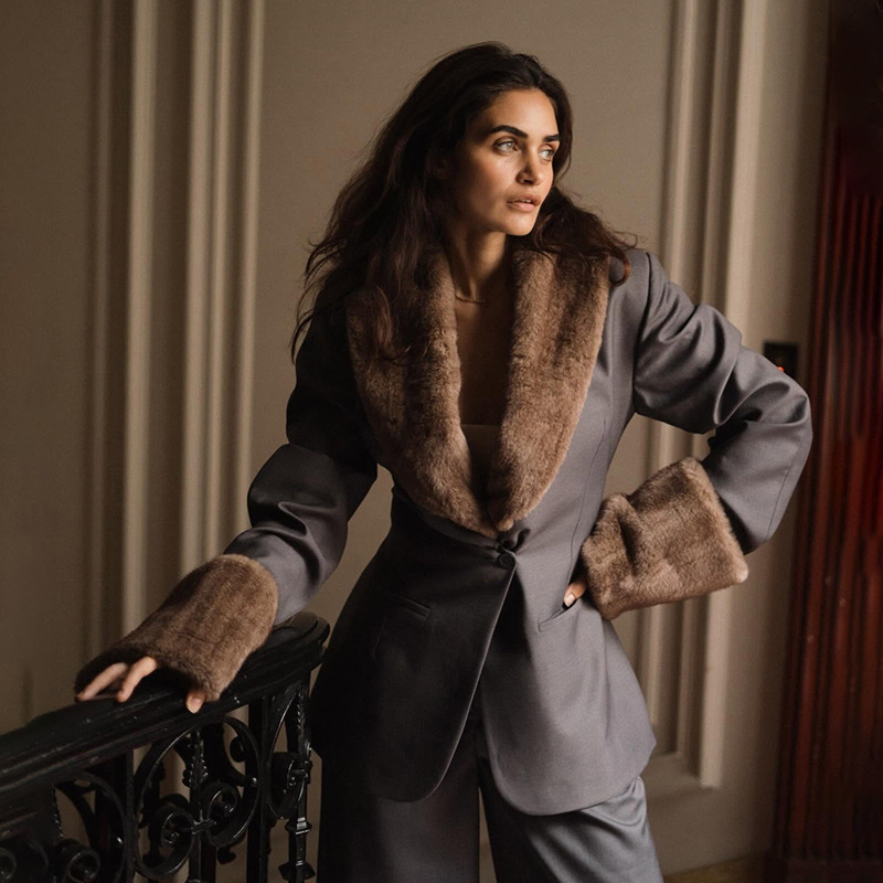 Splice ladies fur collar temperament retro coat for women