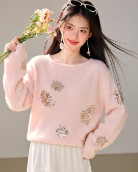 Tender loose fireworks sweater sequins horizontal collar tops