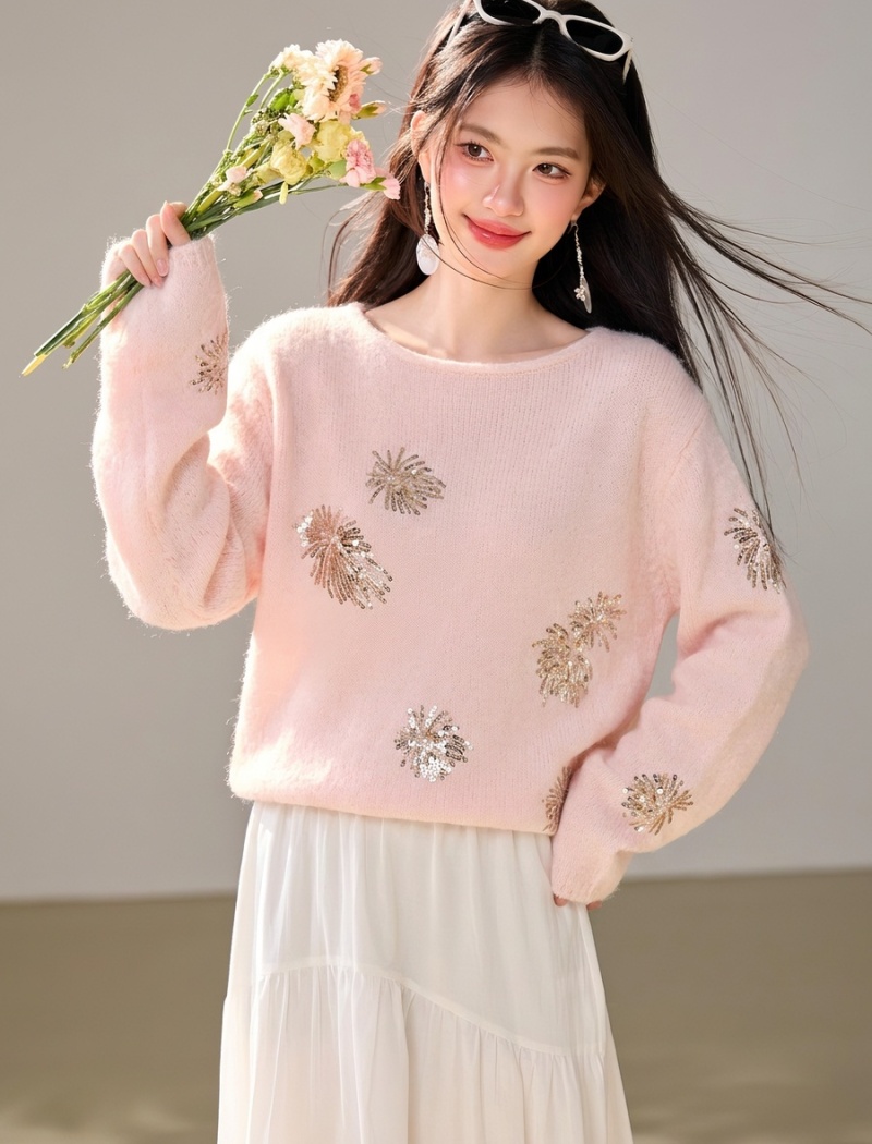 Tender loose fireworks sweater sequins horizontal collar tops