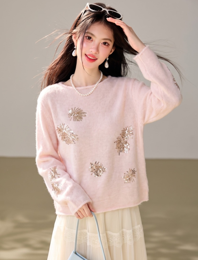 Tender loose fireworks sweater sequins horizontal collar tops