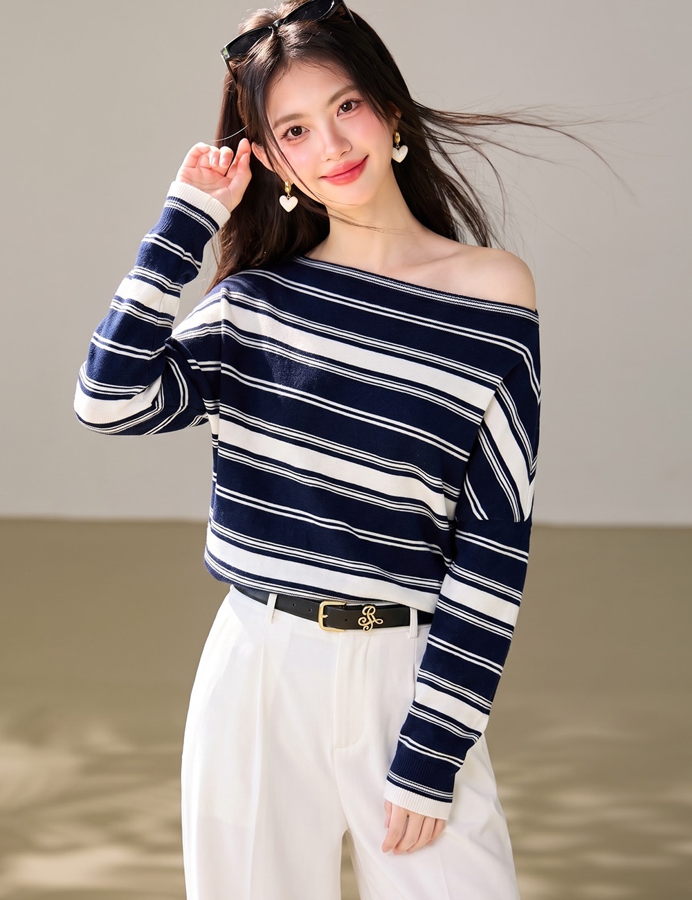 Long sleeve blue stripe niche unique tops for women