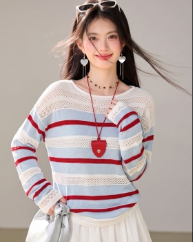 All-match stripe hollow smock autumn lazy sweater for women