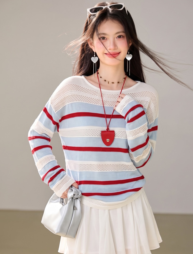 All-match stripe hollow smock autumn lazy sweater for women
