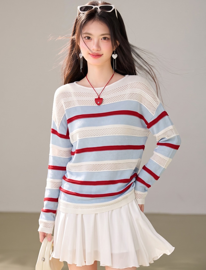 All-match stripe hollow smock autumn lazy sweater for women