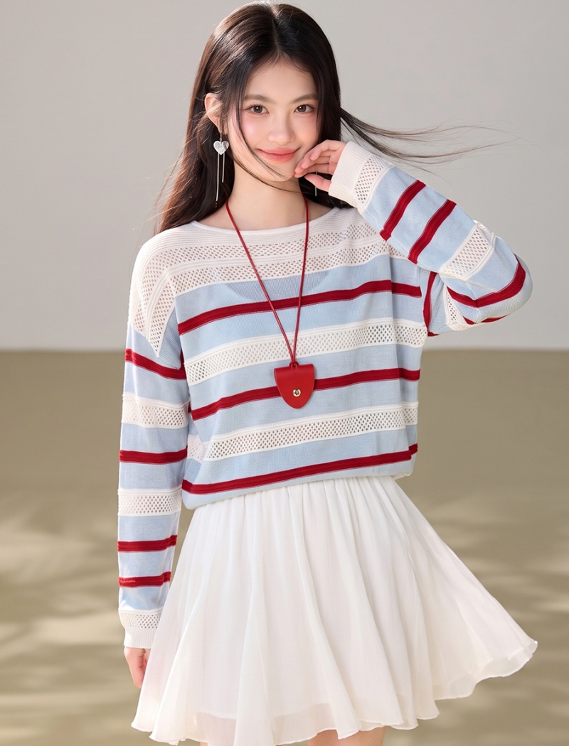 All-match stripe hollow smock autumn lazy sweater for women