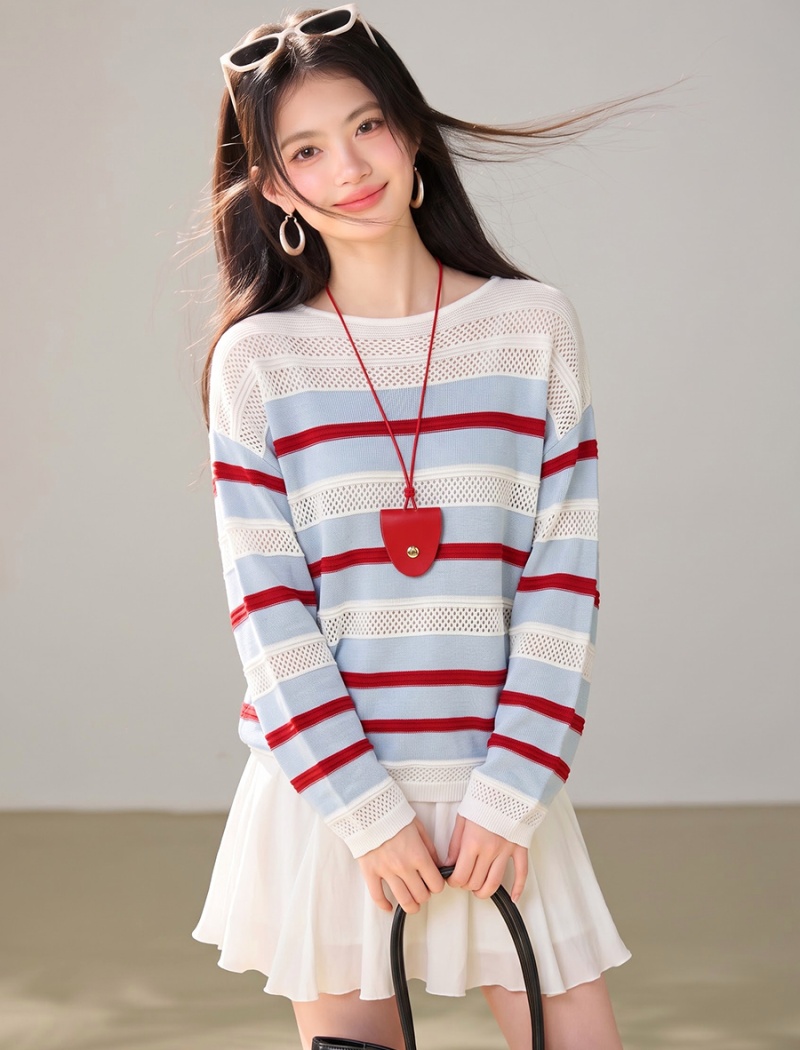 All-match stripe hollow smock autumn lazy sweater for women