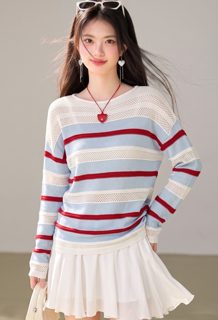 All-match stripe hollow smock autumn lazy sweater for women