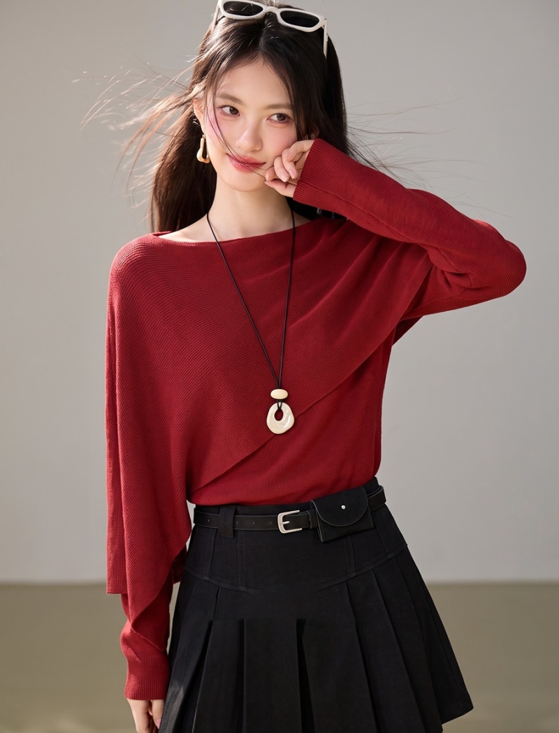 Autumn red tops long sleeve sweater for women