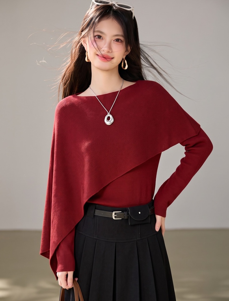 Autumn red tops long sleeve sweater for women