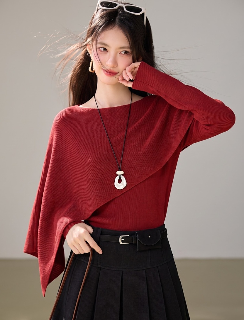Autumn red tops long sleeve sweater for women