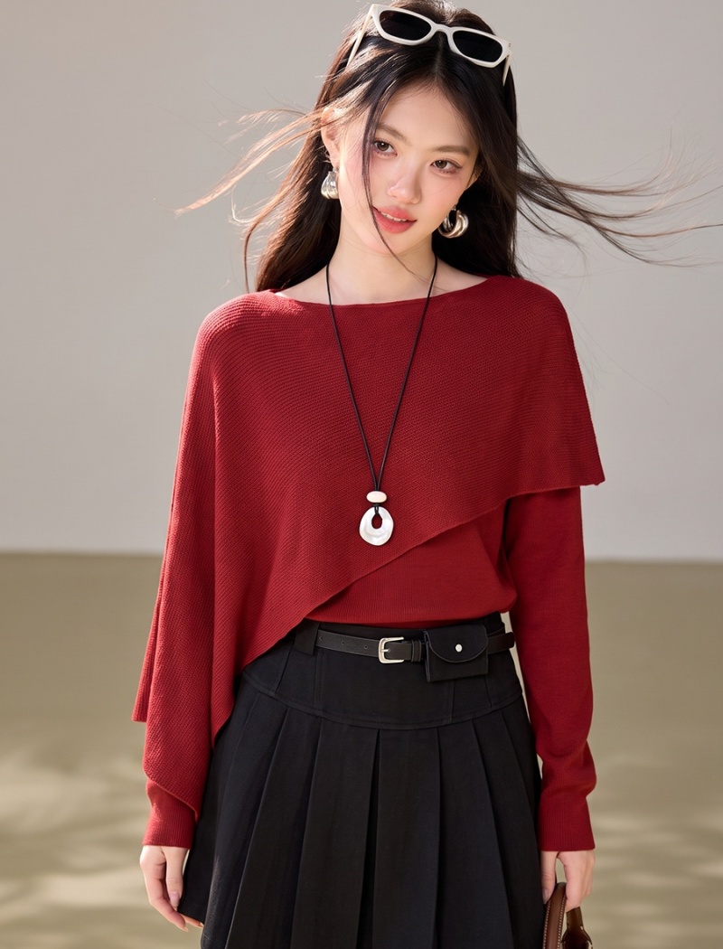 Autumn red tops long sleeve sweater for women