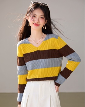Stripe V-neck sweater lazy loose tops for women
