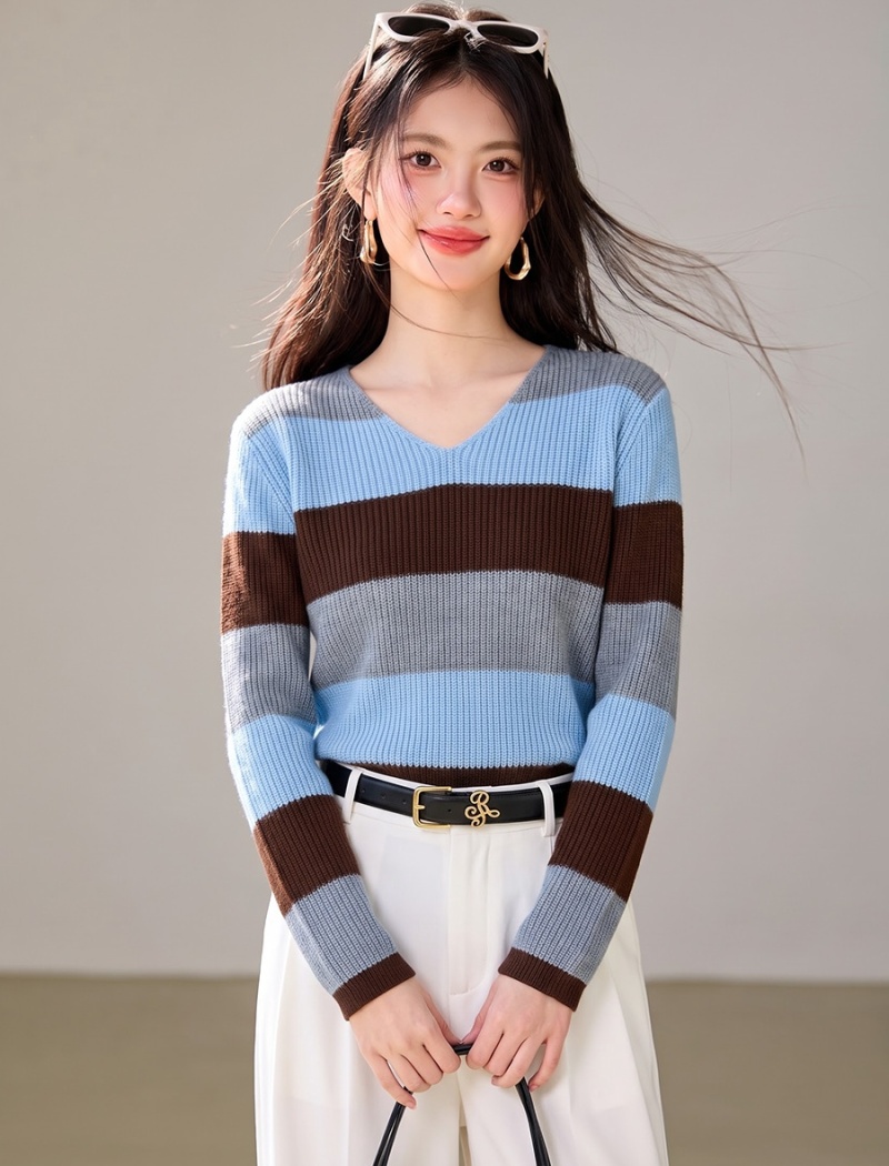 Stripe V-neck sweater lazy loose tops for women
