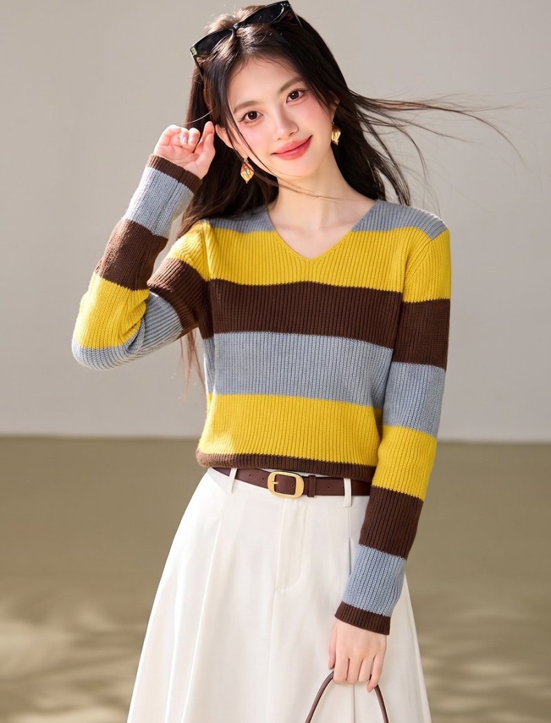 Stripe V-neck sweater lazy loose tops for women