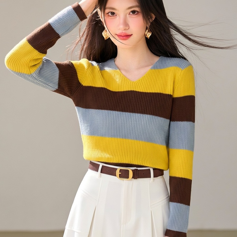 Stripe V-neck sweater lazy loose tops for women