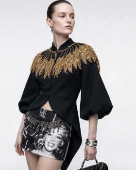 Autumn sequins puff sleeve splice fashion coat for women