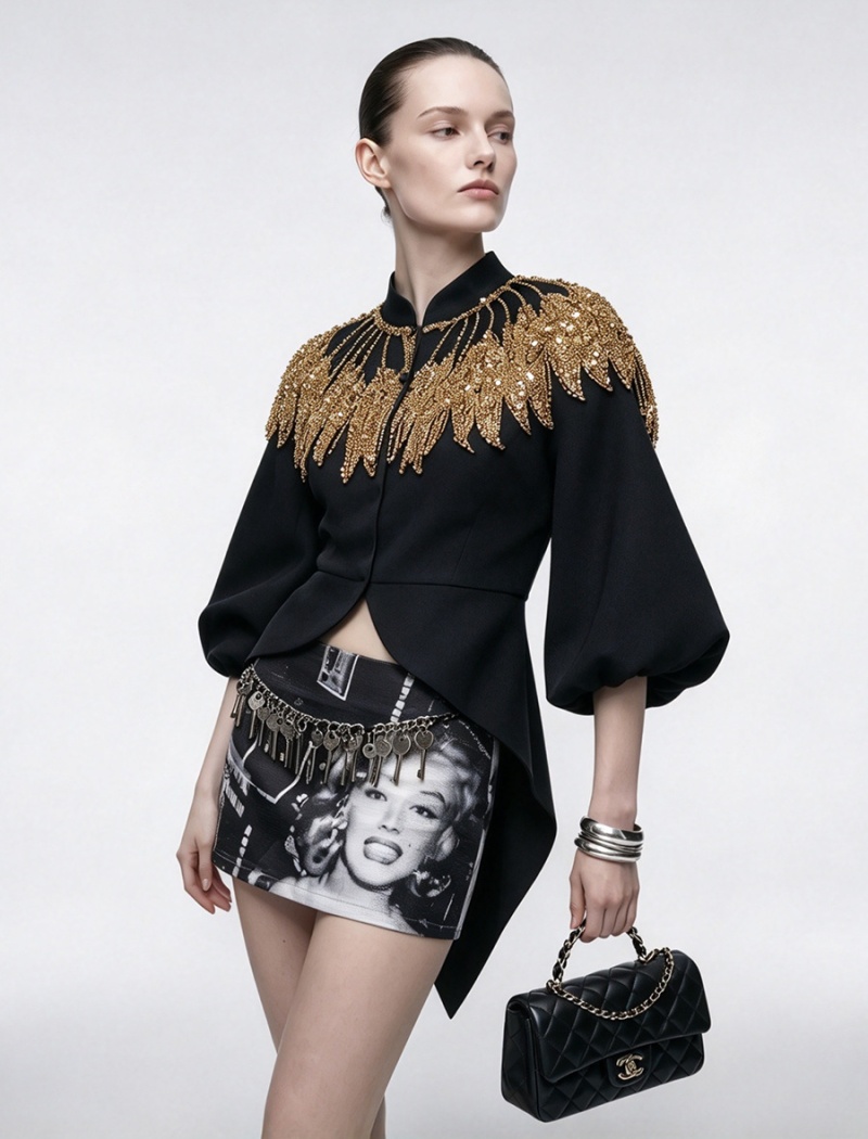 Autumn sequins puff sleeve splice fashion coat for women