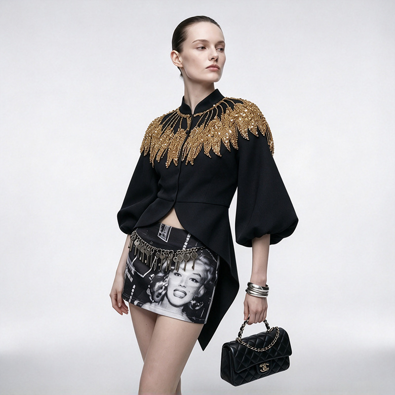 Autumn sequins puff sleeve splice fashion coat for women