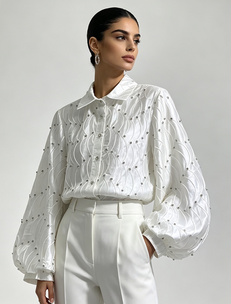 Embroidery Casual rhinestone tops temperament all-match shirt