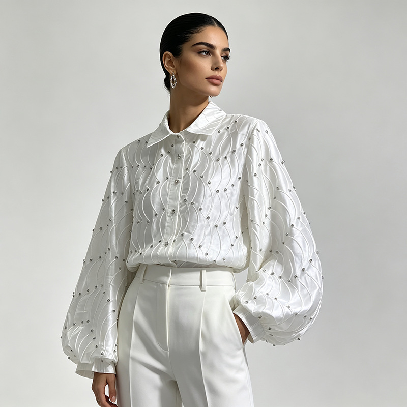 Embroidery Casual rhinestone tops temperament all-match shirt