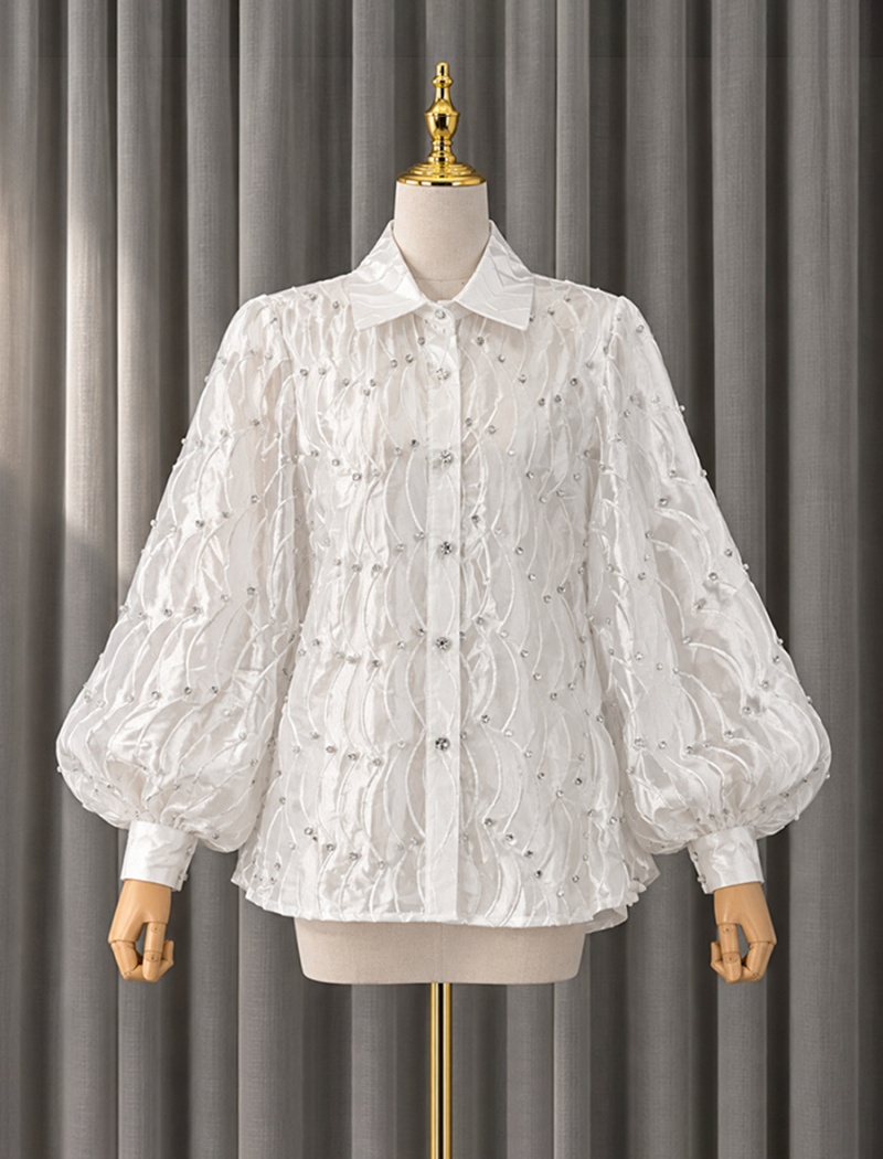 Embroidery Casual rhinestone tops temperament all-match shirt