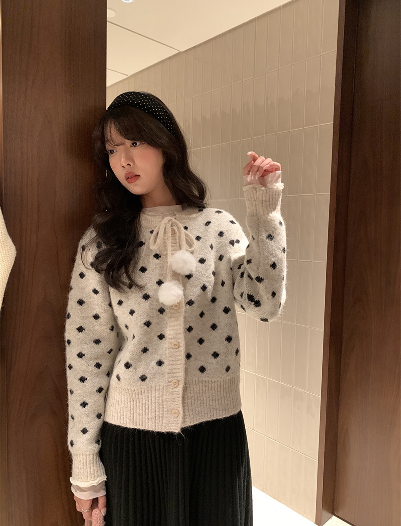 Polka dot knitted tops thermal round neck sweater