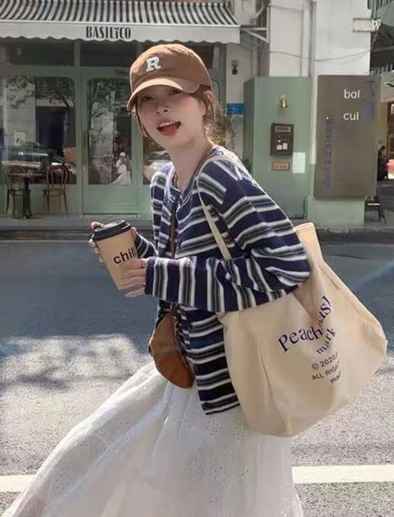 Stripe sling cardigan mixed colors tops 2pcs set
