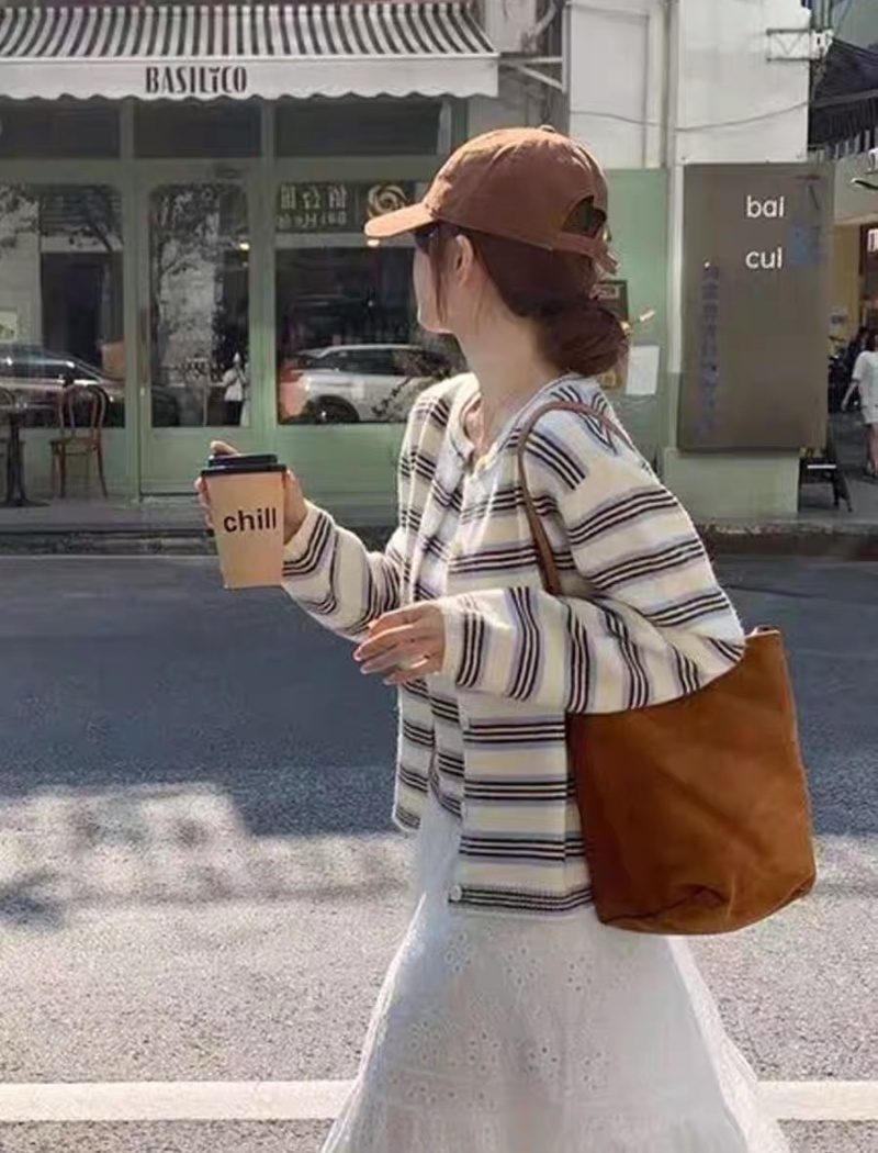 Stripe sling cardigan mixed colors tops 2pcs set