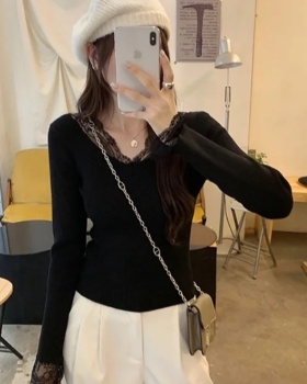 Long sleeve cashmere T-shirt slim lace tops