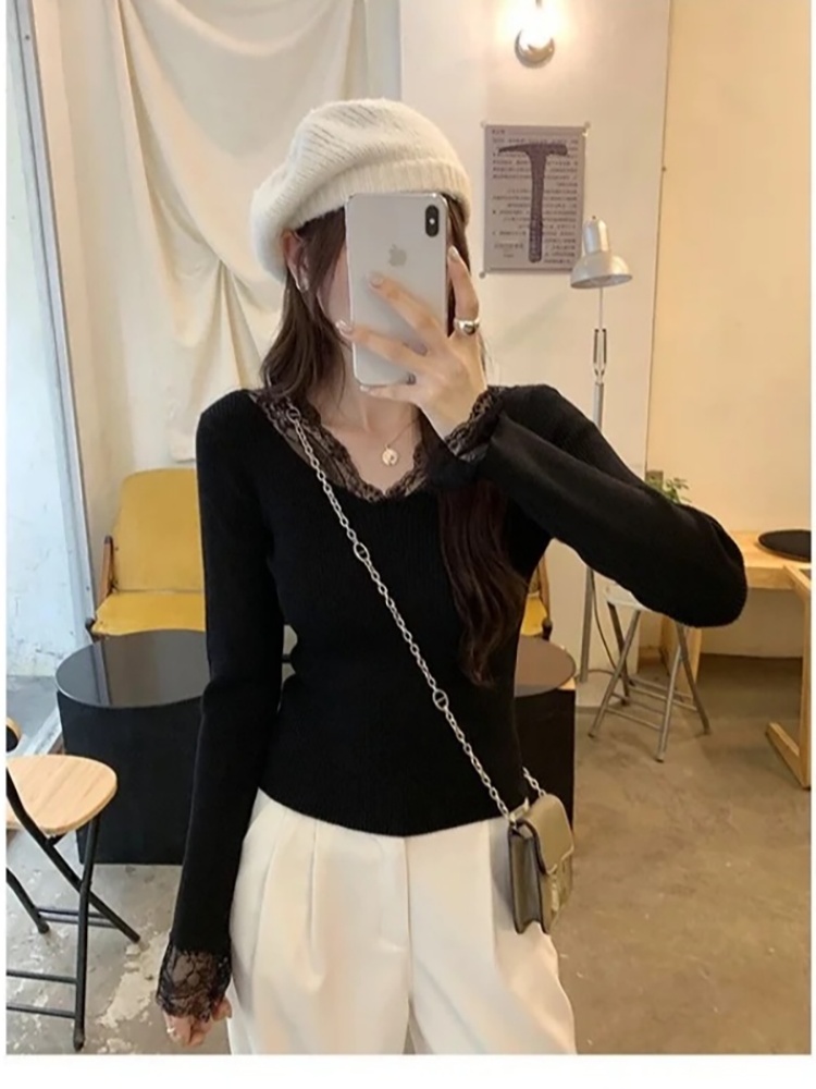 Long sleeve cashmere T-shirt slim lace tops