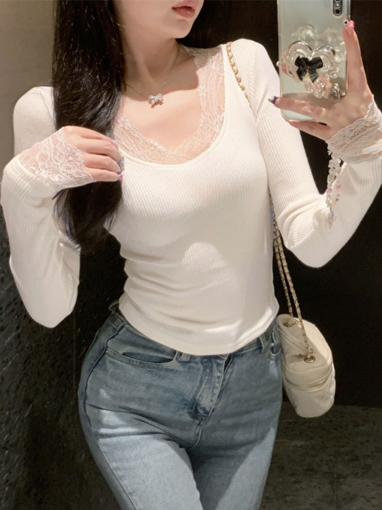 Long sleeve cashmere T-shirt slim lace tops