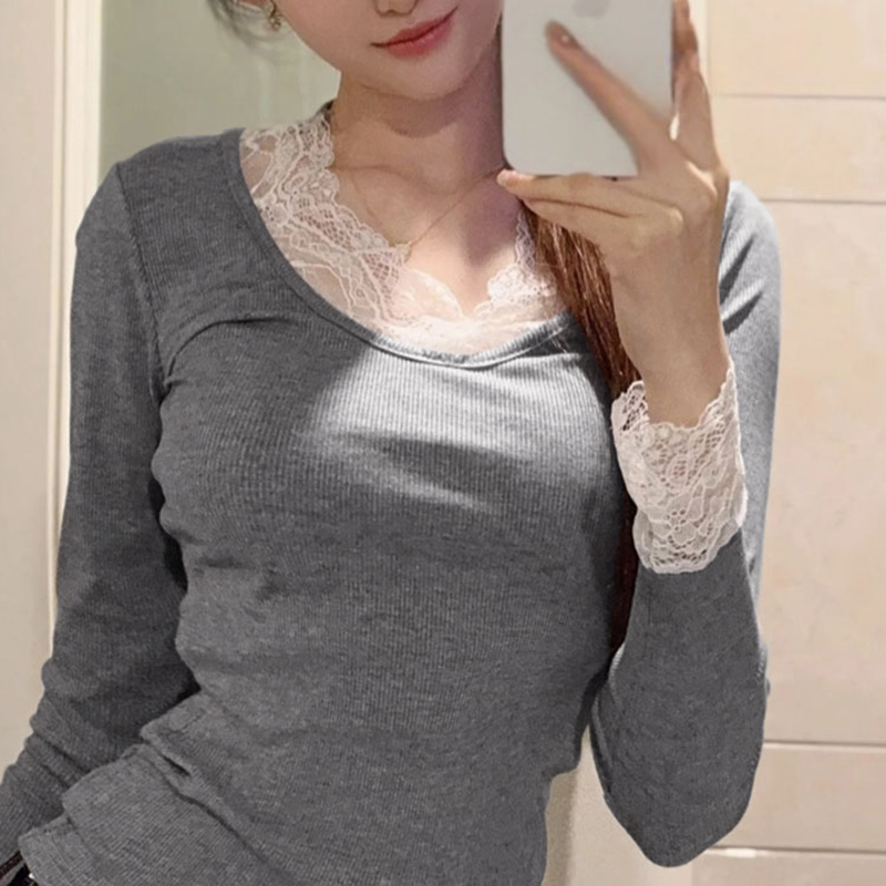 Long sleeve cashmere T-shirt slim lace tops
