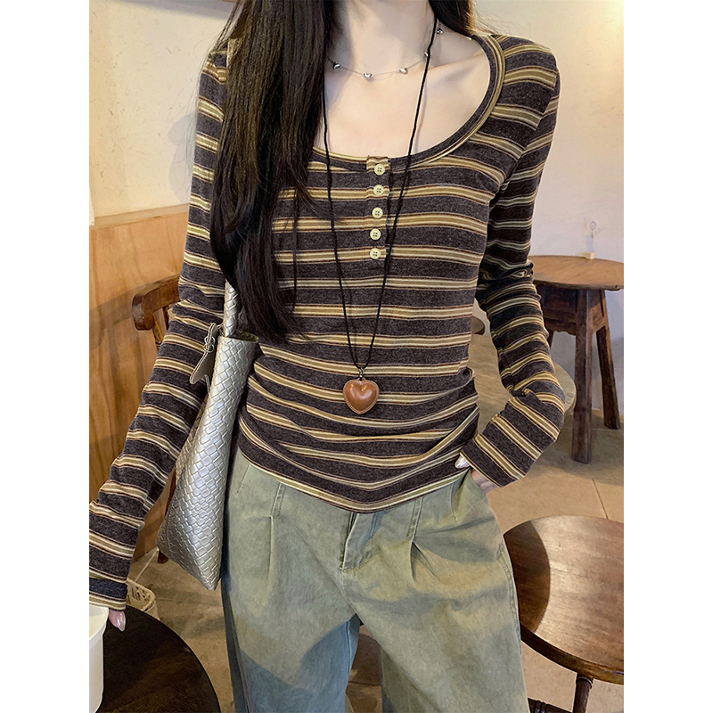 Long sleeve plus velvet tops stripe bottoming shirt