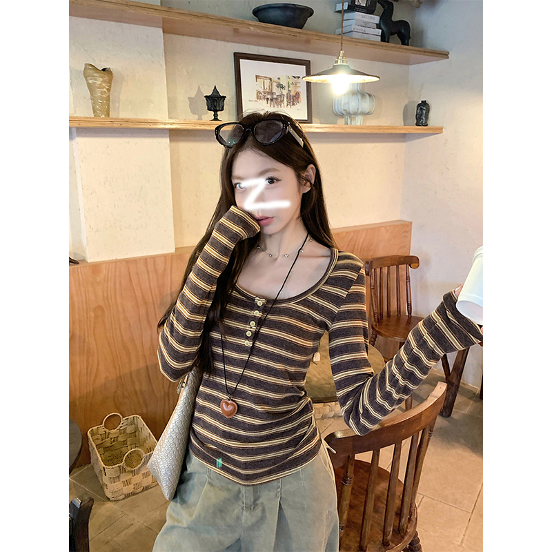 Long sleeve plus velvet tops stripe bottoming shirt