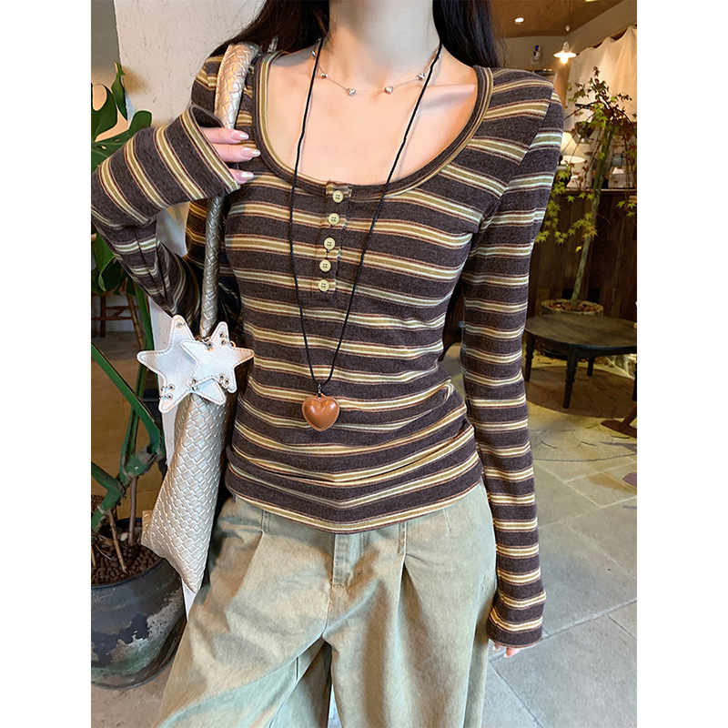 Long sleeve plus velvet tops stripe bottoming shirt