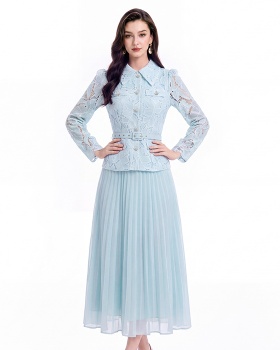 Lace embroidery France style long high waist dress