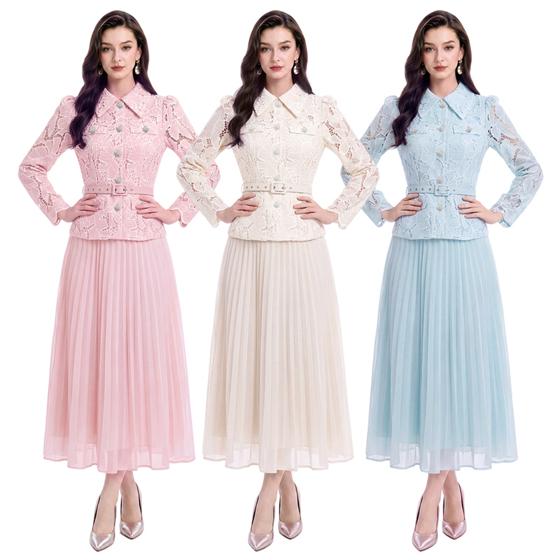 Lace embroidery France style long high waist dress